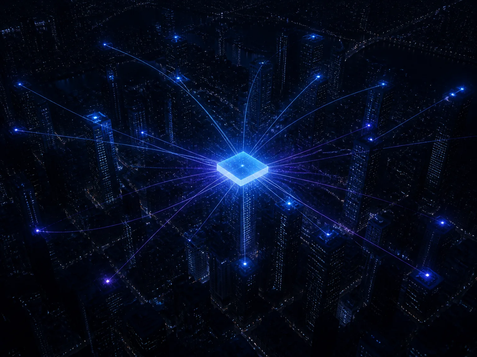 A dark night city with a glowing central Vanchar platform connected by luminous data lines
