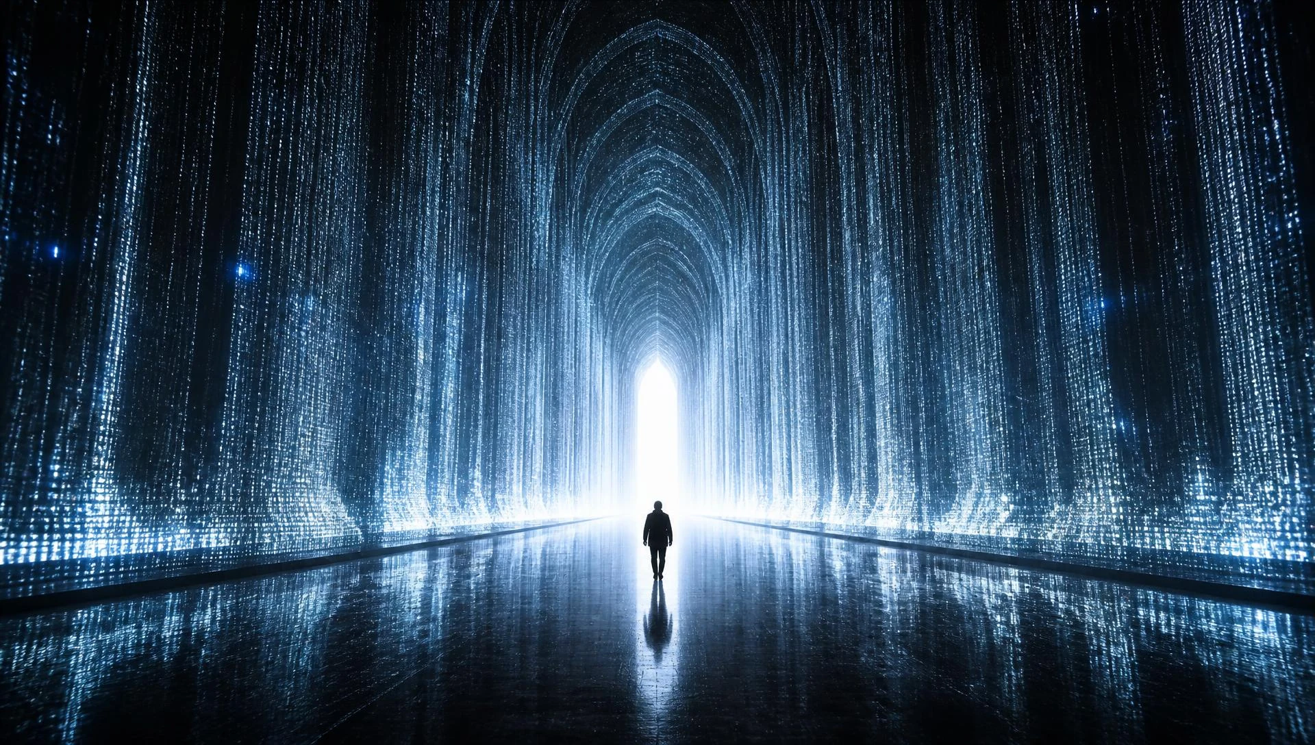 A figure walking into a cathedral of light formed by streams of business data